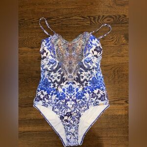 Camilla One Piece Swimsuit Blue White Print Size Large